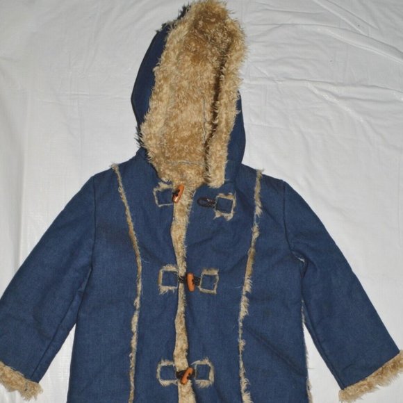 GIRLS KIDS 5Y 6Y BLUE JEANS DENIM FAUX FUR LINING TRIM HOODED COAT JACKET - Picture 2 of 6
